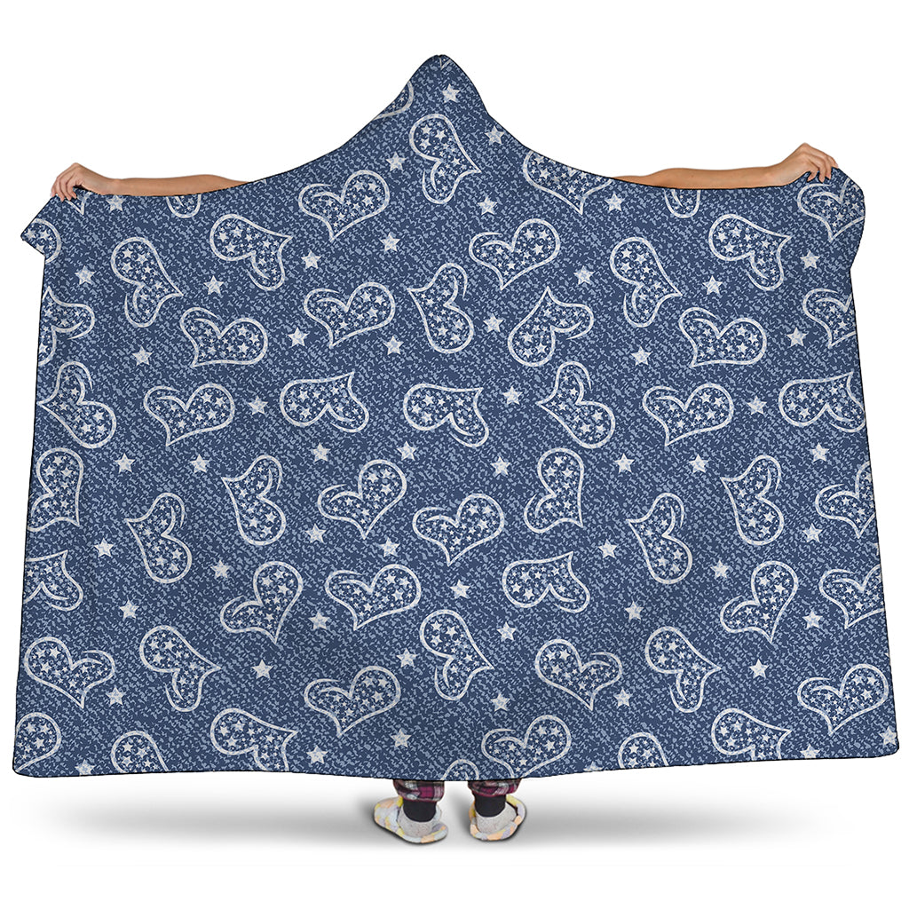 Heart And Star Denim Jeans Pattern Print Hooded Blanket