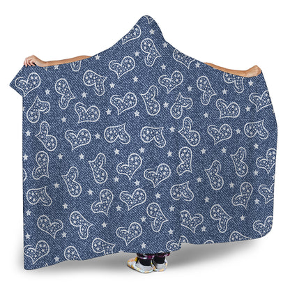Heart And Star Denim Jeans Pattern Print Hooded Blanket