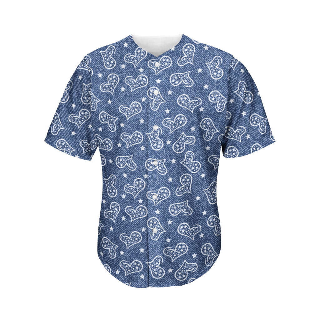 Heart And Star Denim Jeans Pattern Print Men's Baseball Jersey
