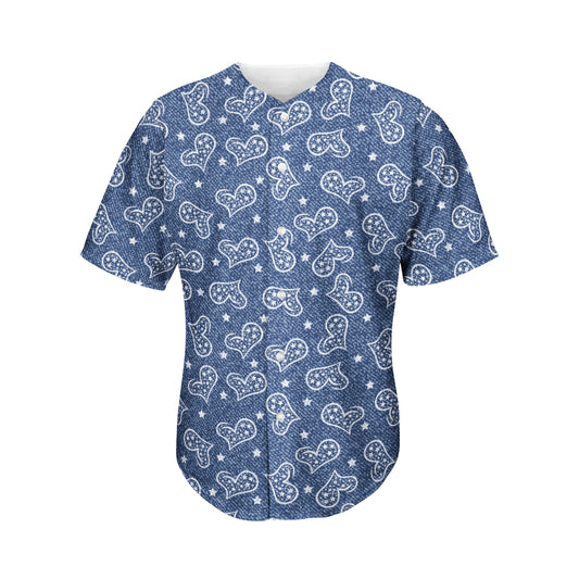 Heart And Star Denim Jeans Pattern Print Men's Baseball Jersey