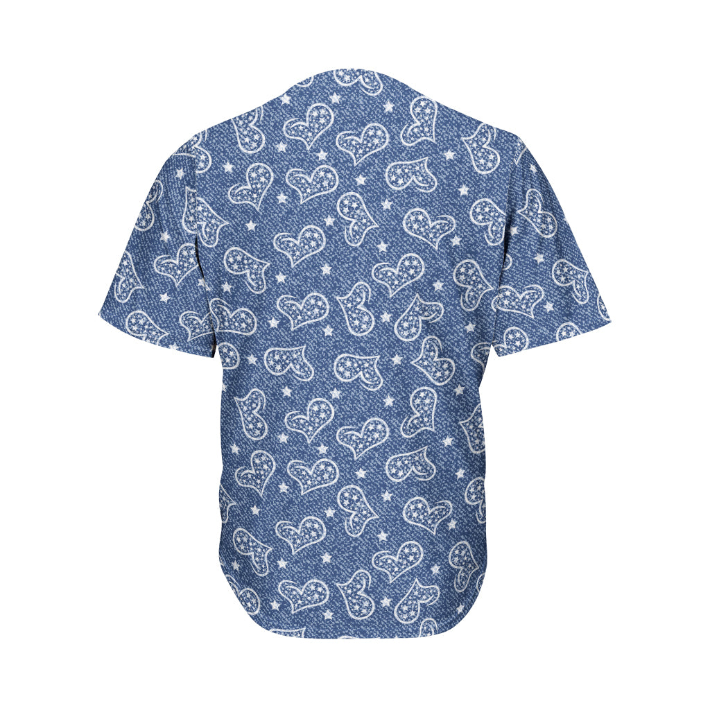 Heart And Star Denim Jeans Pattern Print Men's Baseball Jersey
