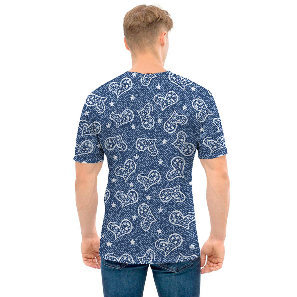 Heart And Star Denim Jeans Pattern Print Men's T-Shirt