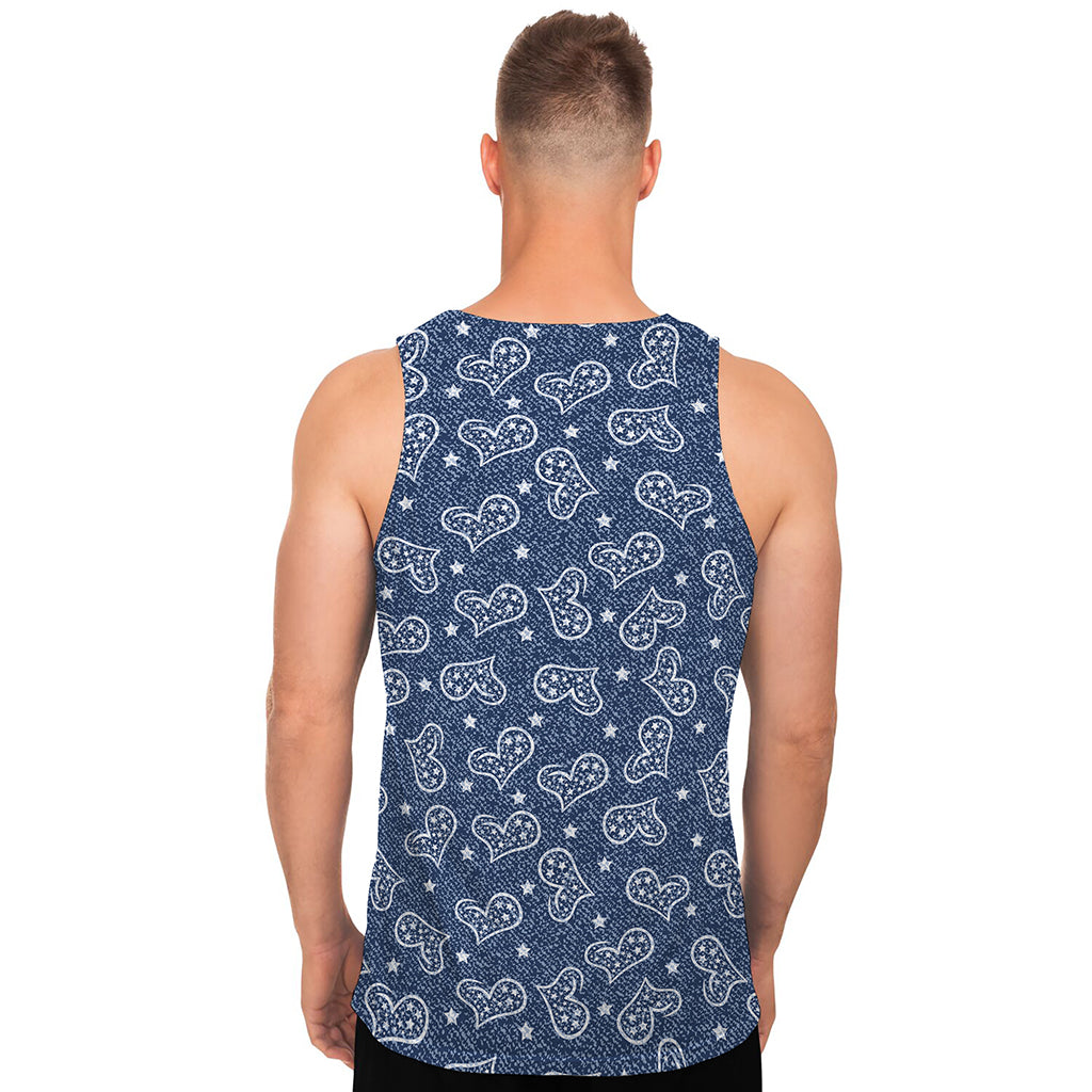 Heart And Star Denim Jeans Pattern Print Men's Tank Top