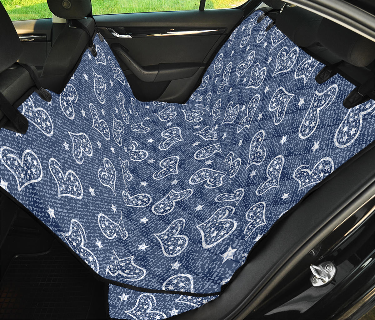 Heart And Star Denim Jeans Pattern Print Pet Car Back Seat Cover