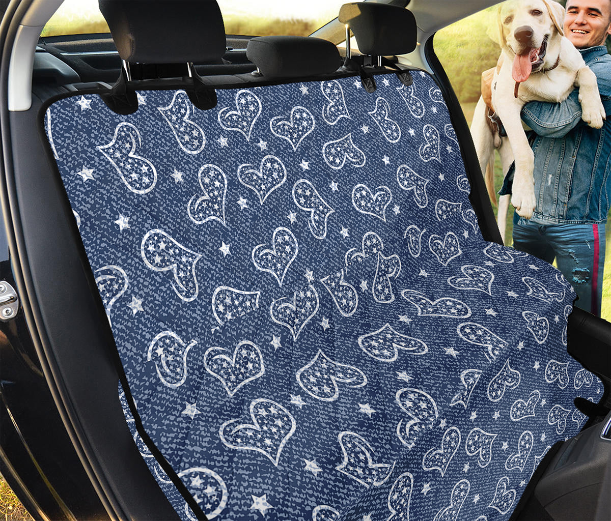 Heart And Star Denim Jeans Pattern Print Pet Car Back Seat Cover