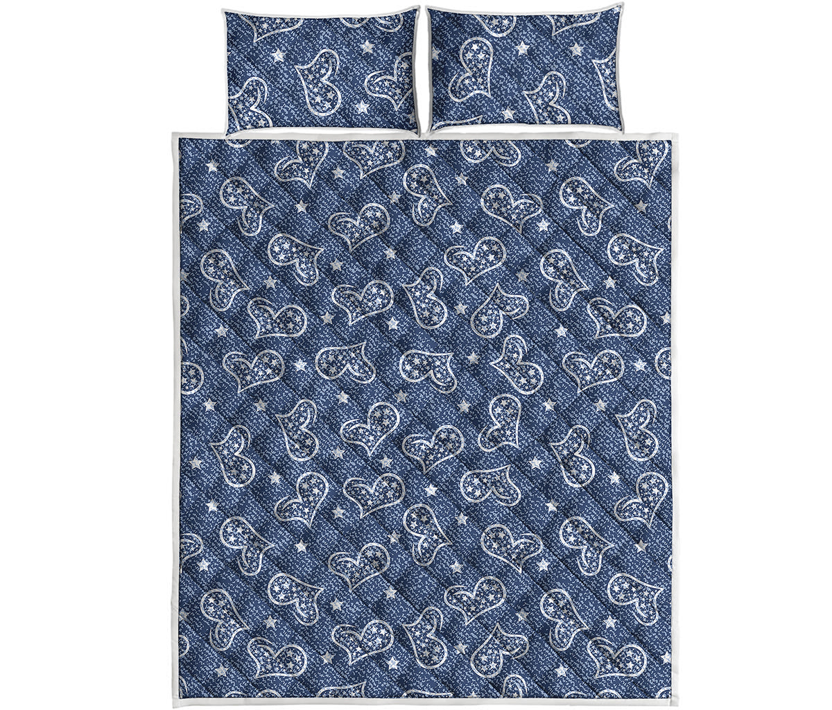 Heart And Star Denim Jeans Pattern Print Quilt Bed Set