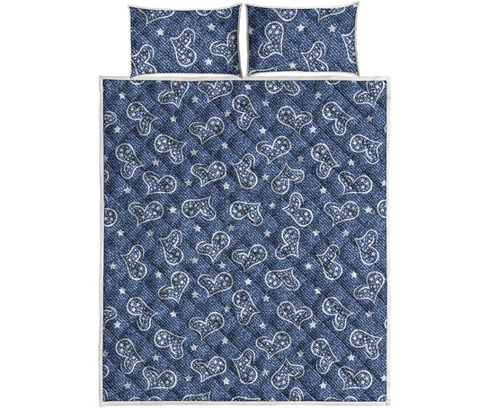 Heart And Star Denim Jeans Pattern Print Quilt Bed Set