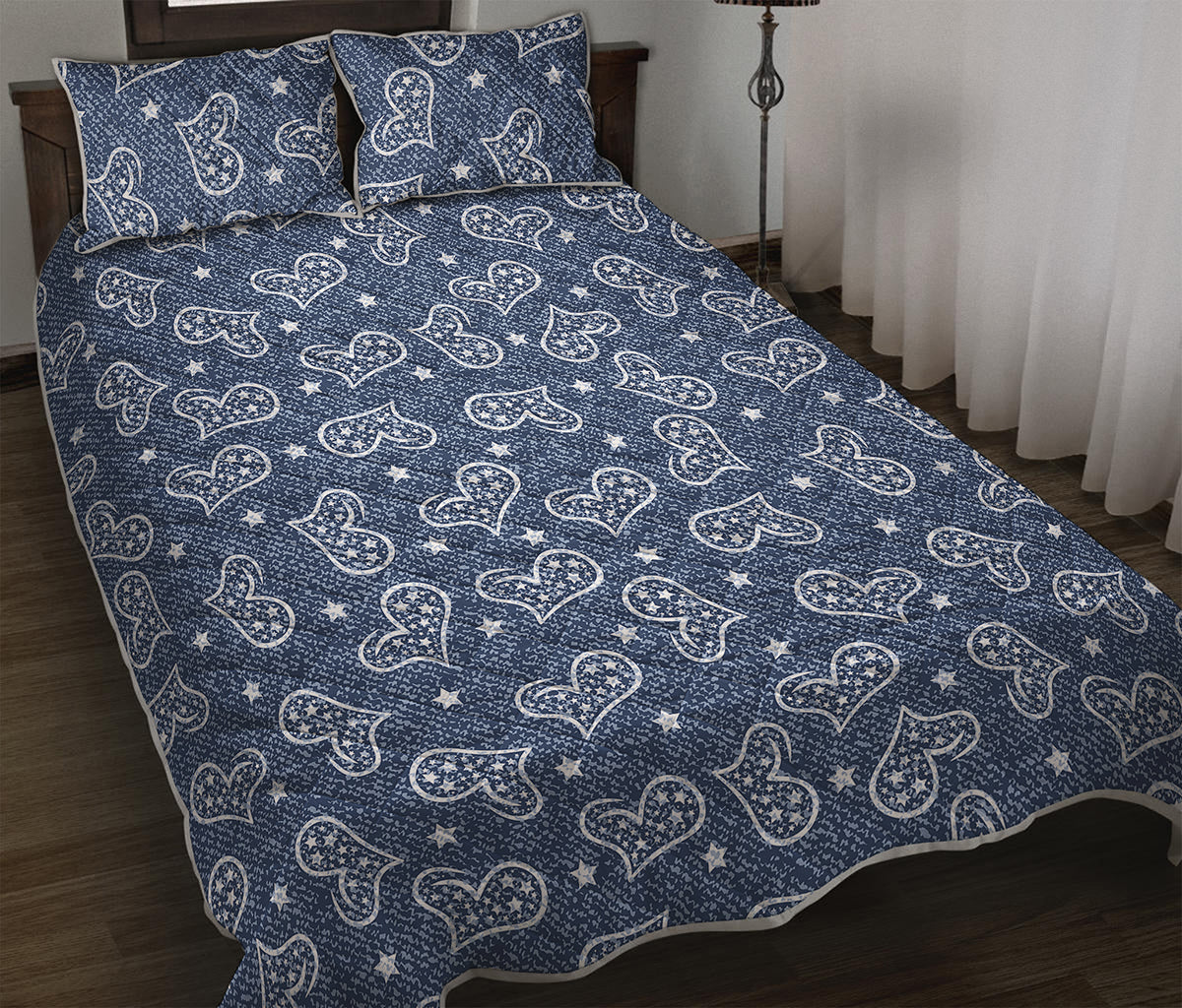 Heart And Star Denim Jeans Pattern Print Quilt Bed Set