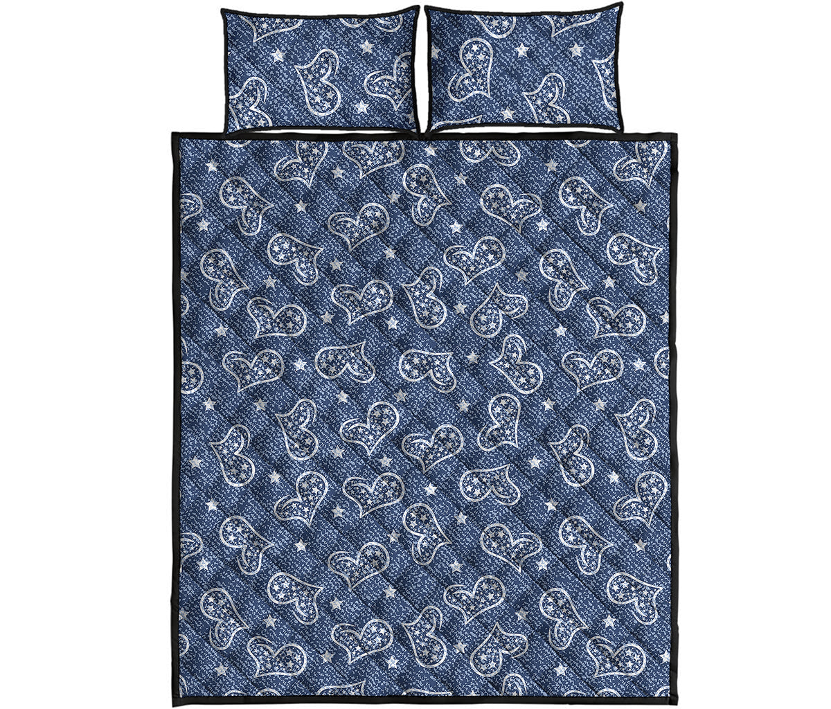 Heart And Star Denim Jeans Pattern Print Quilt Bed Set