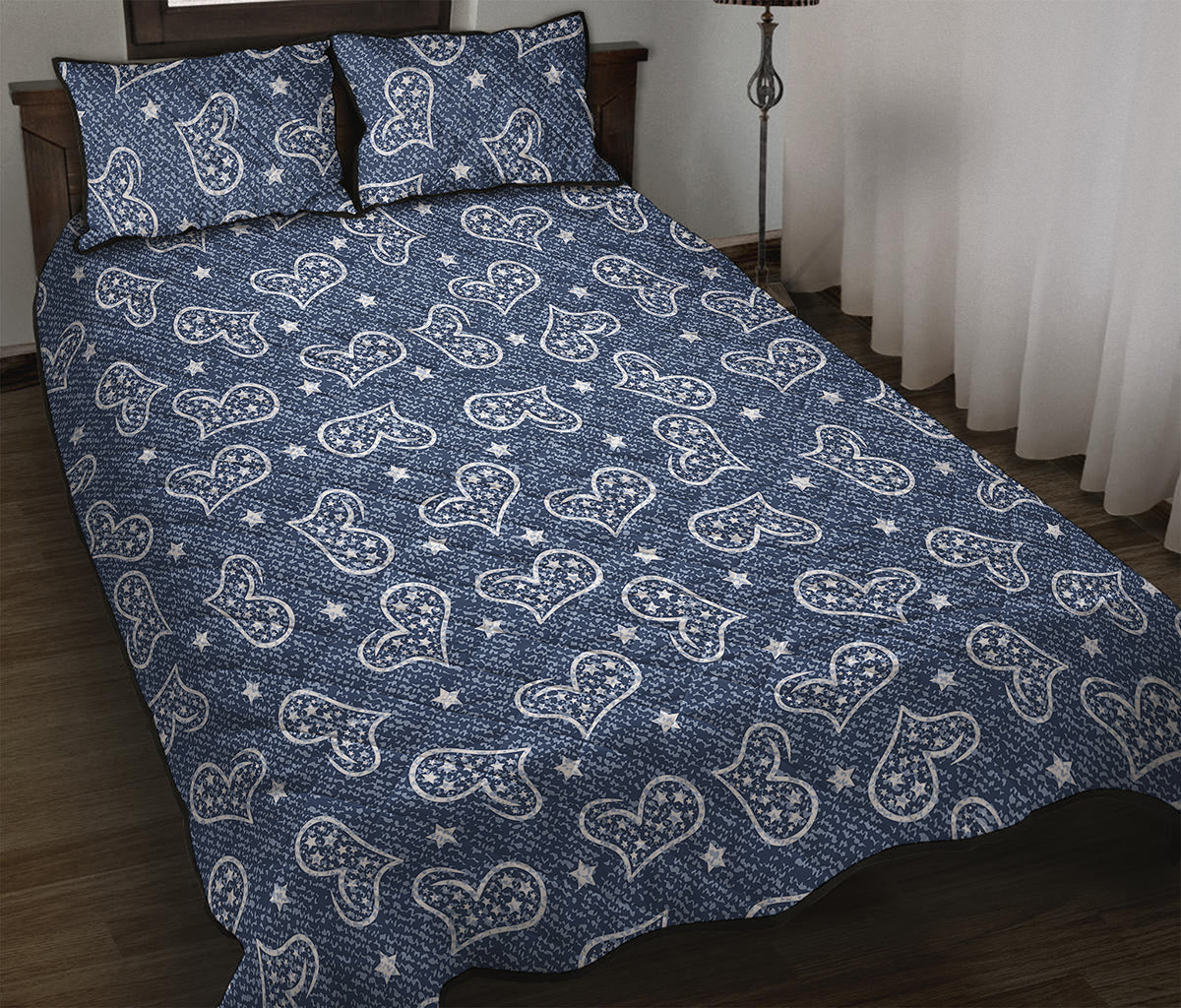 Heart And Star Denim Jeans Pattern Print Quilt Bed Set