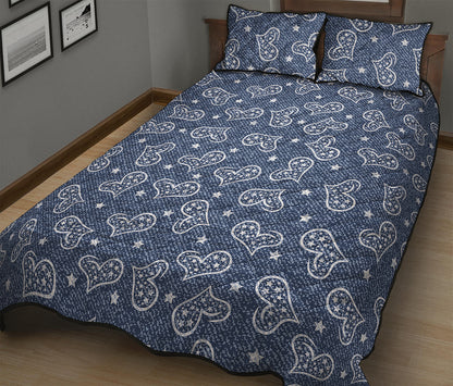 Heart And Star Denim Jeans Pattern Print Quilt Bed Set