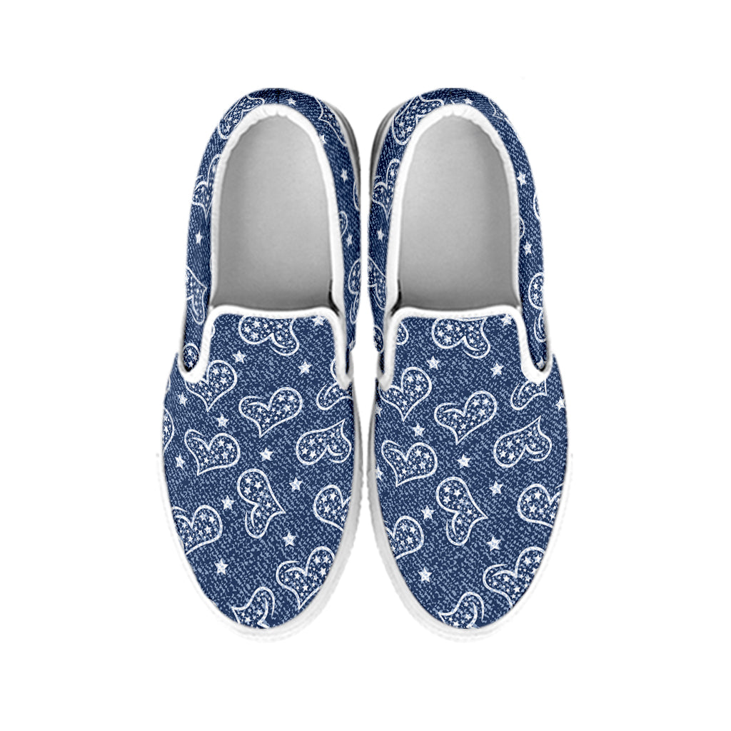 Heart And Star Denim Jeans Pattern Print White Slip On Shoes