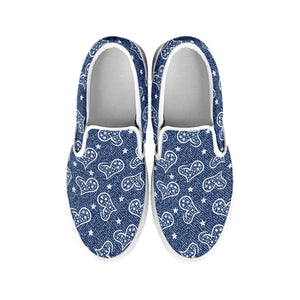 Heart And Star Denim Jeans Pattern Print White Slip On Shoes