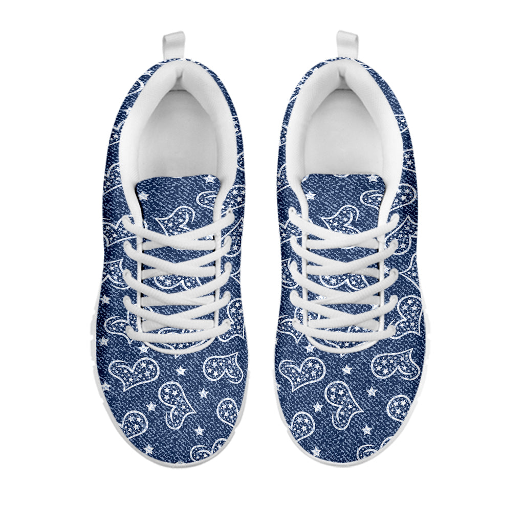 Heart And Star Denim Jeans Pattern Print White Sneakers