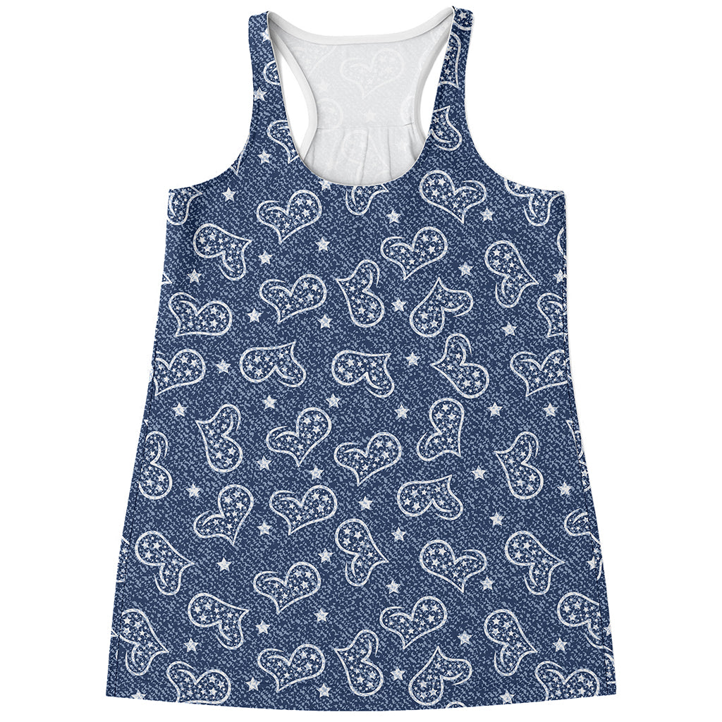 Heart And Star Denim Jeans Pattern Print Women's Racerback Tank Top