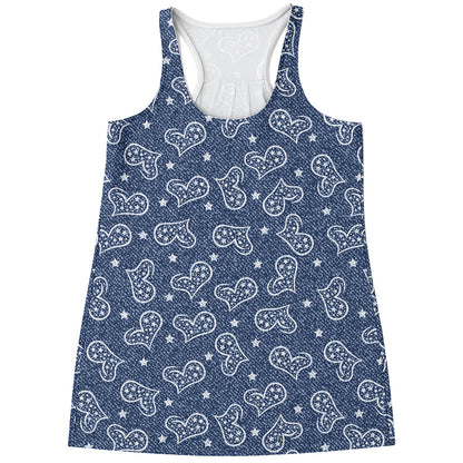 Heart And Star Denim Jeans Pattern Print Women's Racerback Tank Top