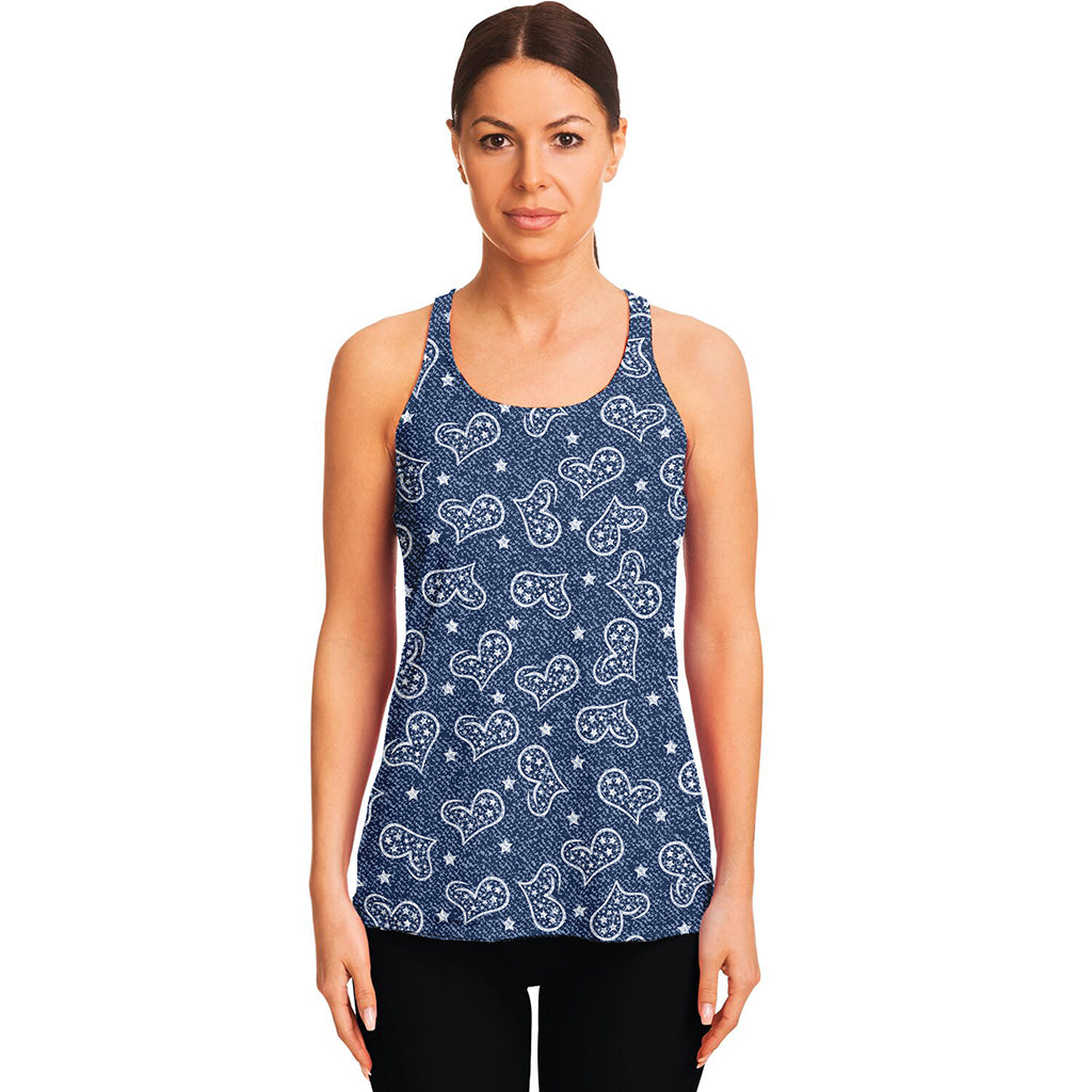 Heart And Star Denim Jeans Pattern Print Women's Racerback Tank Top