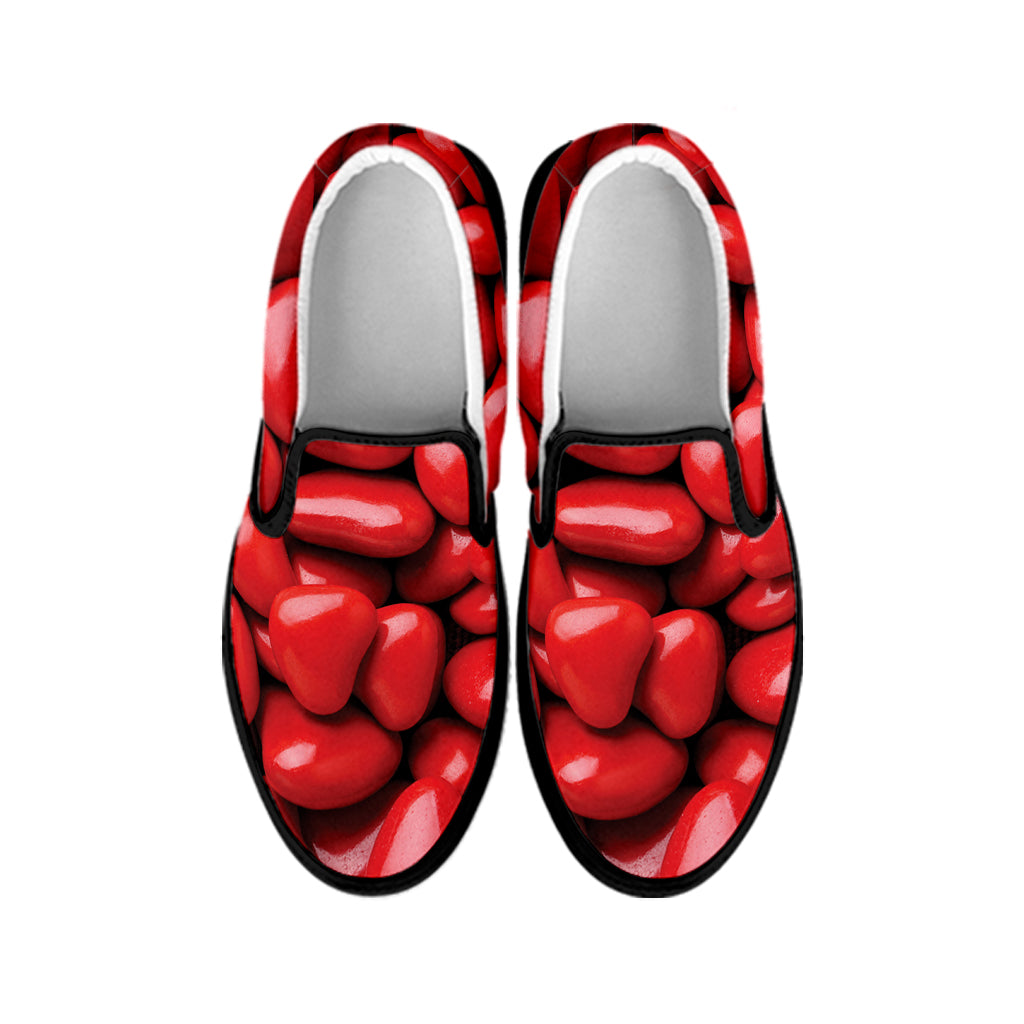 Heart Chocolate Candy Print Black Slip On Shoes