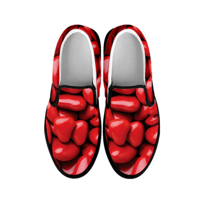 Heart Chocolate Candy Print Black Slip On Shoes