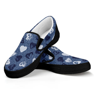 Heart Denim Jeans Pattern Print Black Slip On Shoes