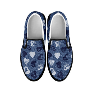 Heart Denim Jeans Pattern Print Black Slip On Shoes