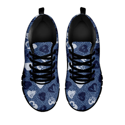 Heart Denim Jeans Pattern Print Black Sneakers
