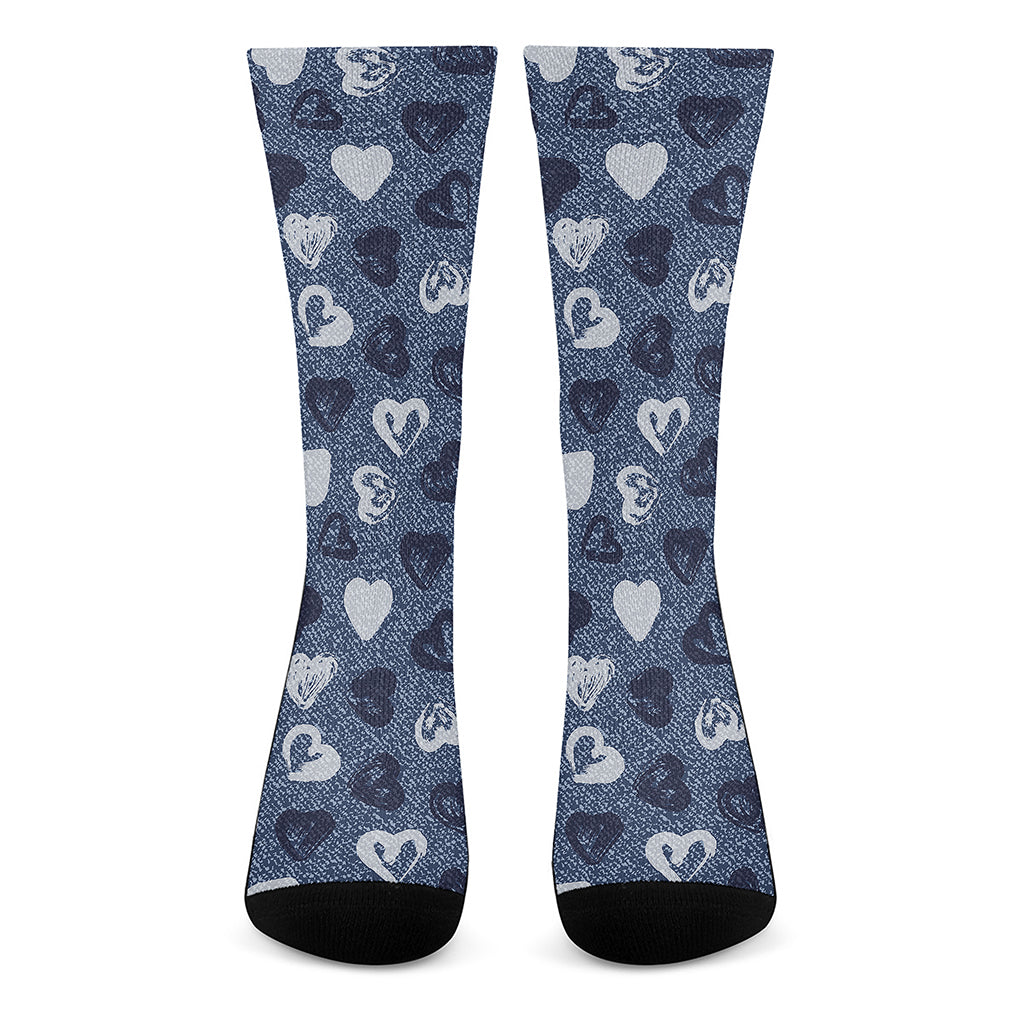 Heart Denim Jeans Pattern Print Crew Socks