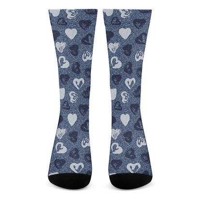 Heart Denim Jeans Pattern Print Crew Socks