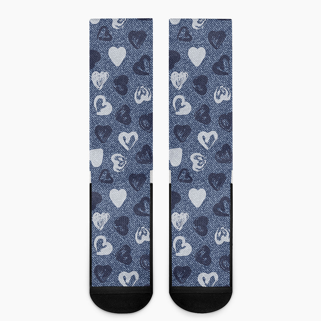 Heart Denim Jeans Pattern Print Crew Socks