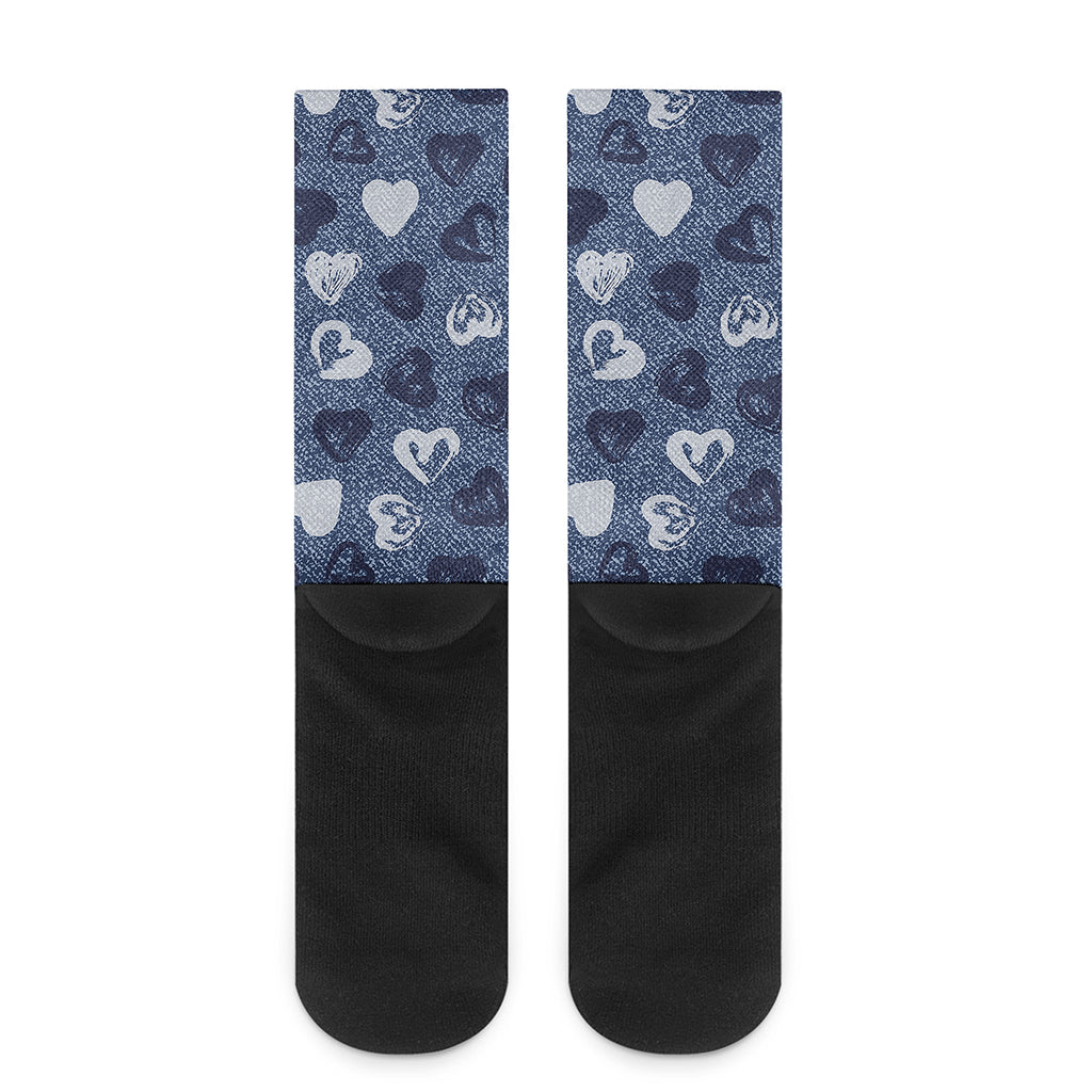 Heart Denim Jeans Pattern Print Crew Socks