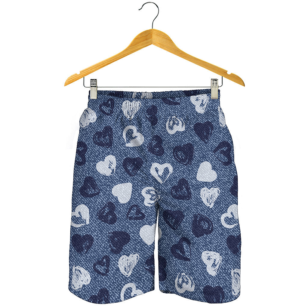 Heart Denim Jeans Pattern Print Men's Shorts