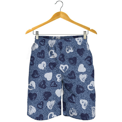 Heart Denim Jeans Pattern Print Men's Shorts
