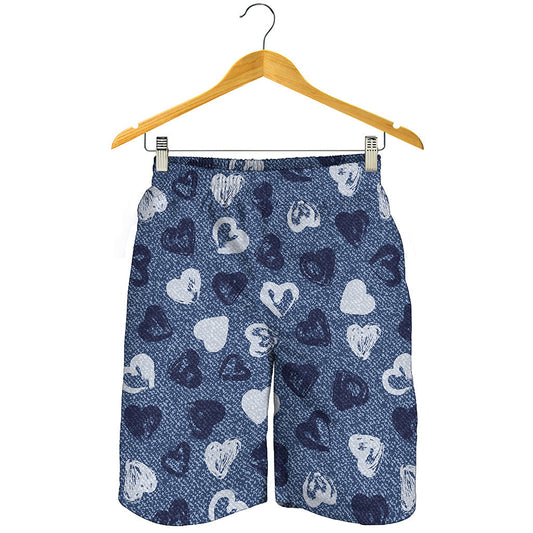 Heart Denim Jeans Pattern Print Men's Shorts