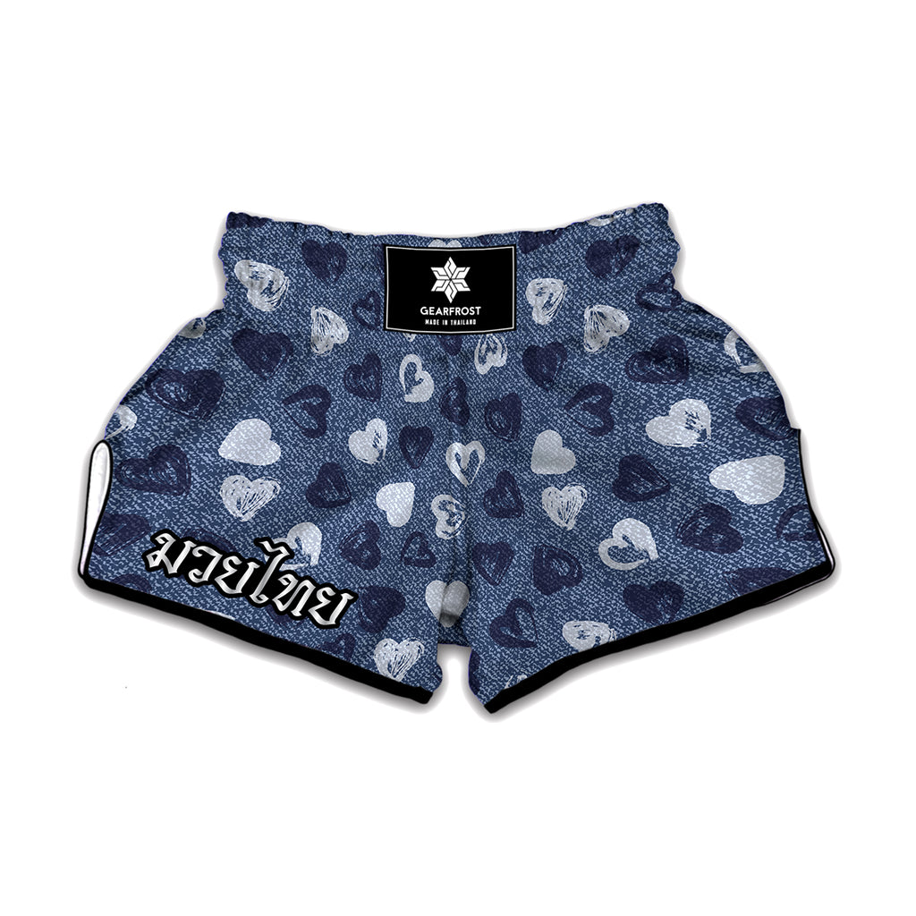 Heart Denim Jeans Pattern Print Muay Thai Boxing Shorts