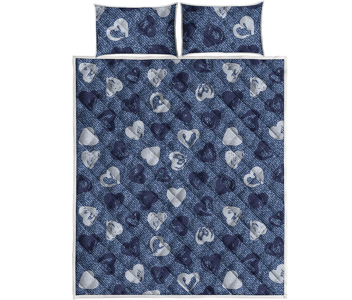 Heart Denim Jeans Pattern Print Quilt Bed Set