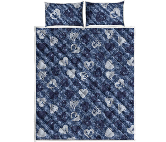 Heart Denim Jeans Pattern Print Quilt Bed Set