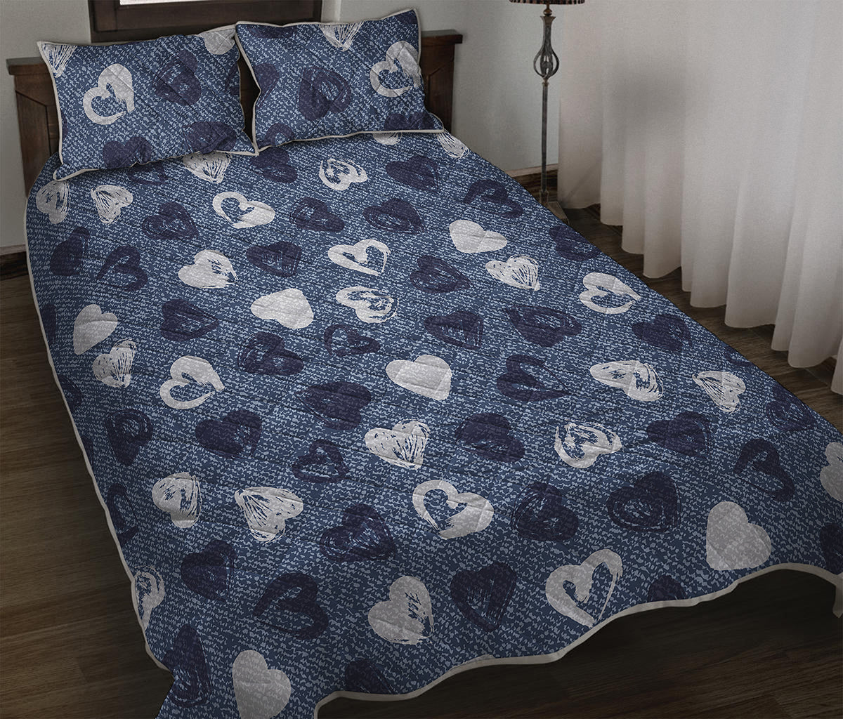 Heart Denim Jeans Pattern Print Quilt Bed Set