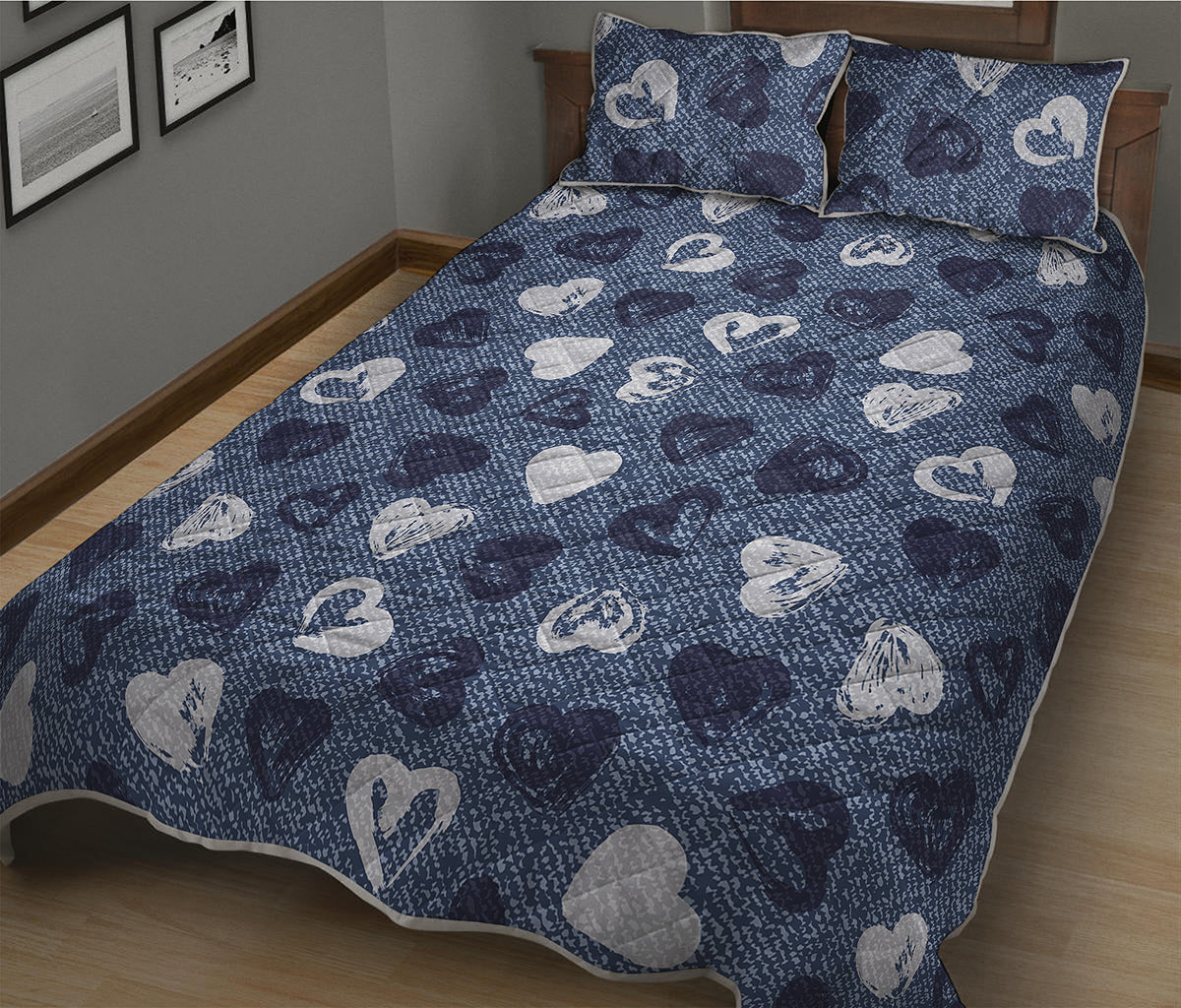 Heart Denim Jeans Pattern Print Quilt Bed Set
