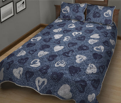 Heart Denim Jeans Pattern Print Quilt Bed Set