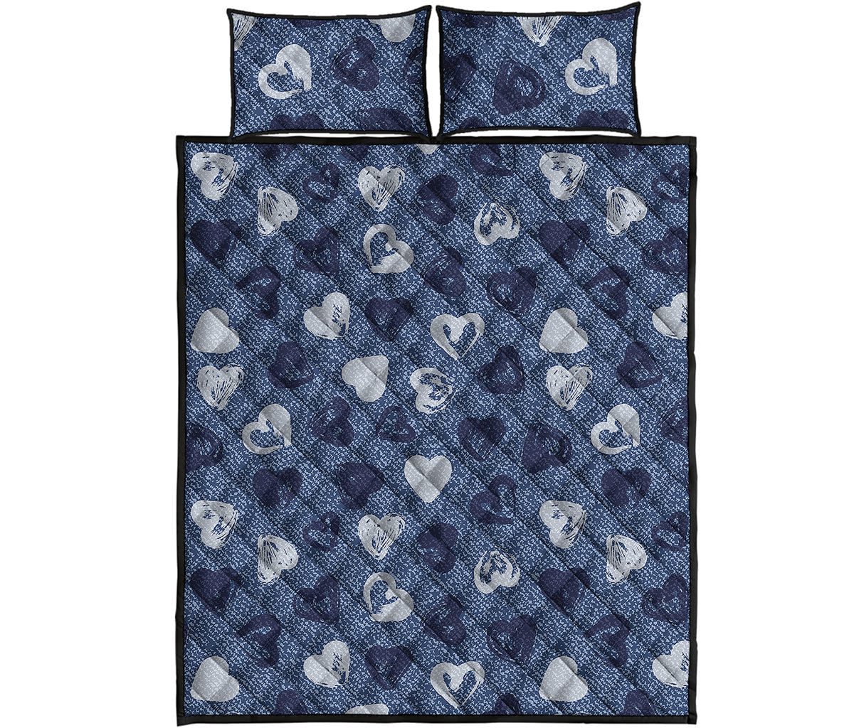Heart Denim Jeans Pattern Print Quilt Bed Set