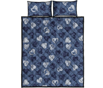 Heart Denim Jeans Pattern Print Quilt Bed Set