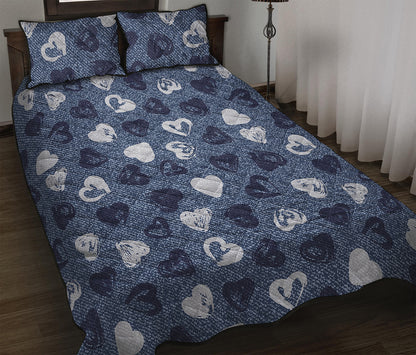 Heart Denim Jeans Pattern Print Quilt Bed Set