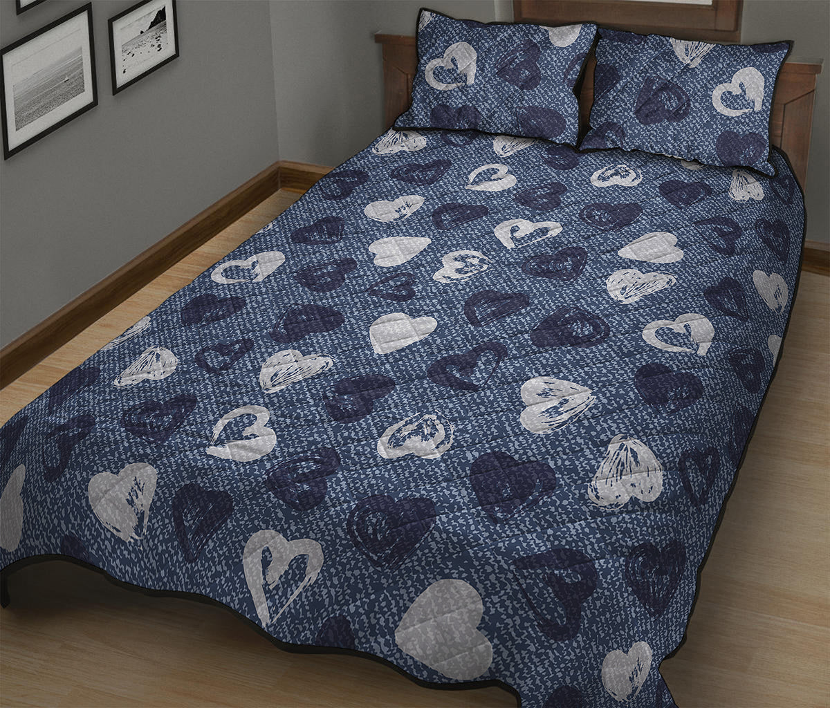 Heart Denim Jeans Pattern Print Quilt Bed Set