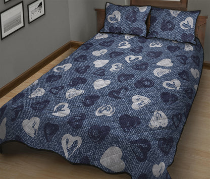 Heart Denim Jeans Pattern Print Quilt Bed Set
