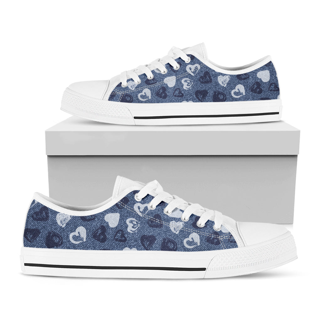 Heart Denim Jeans Pattern Print White Low Top Shoes