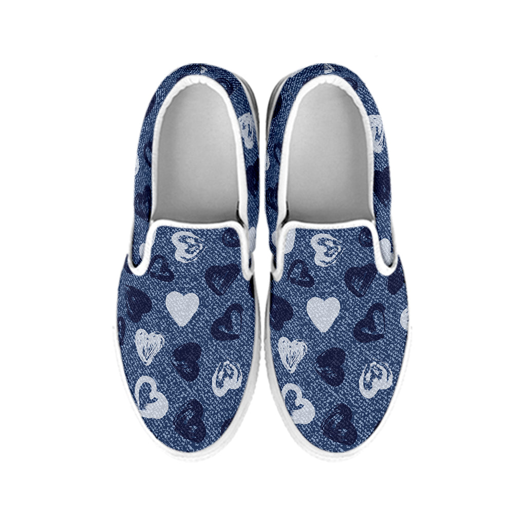 Heart Denim Jeans Pattern Print White Slip On Shoes