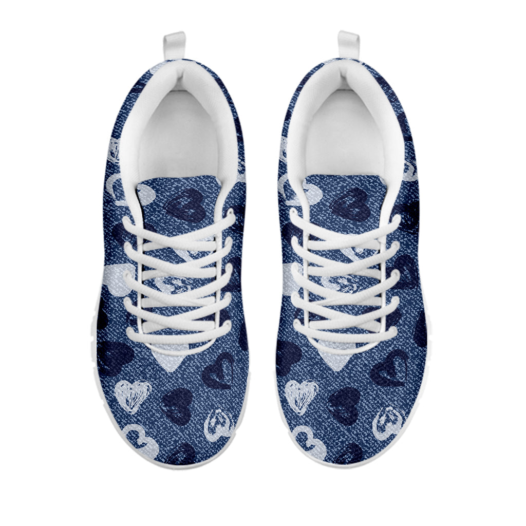 Heart Denim Jeans Pattern Print White Sneakers