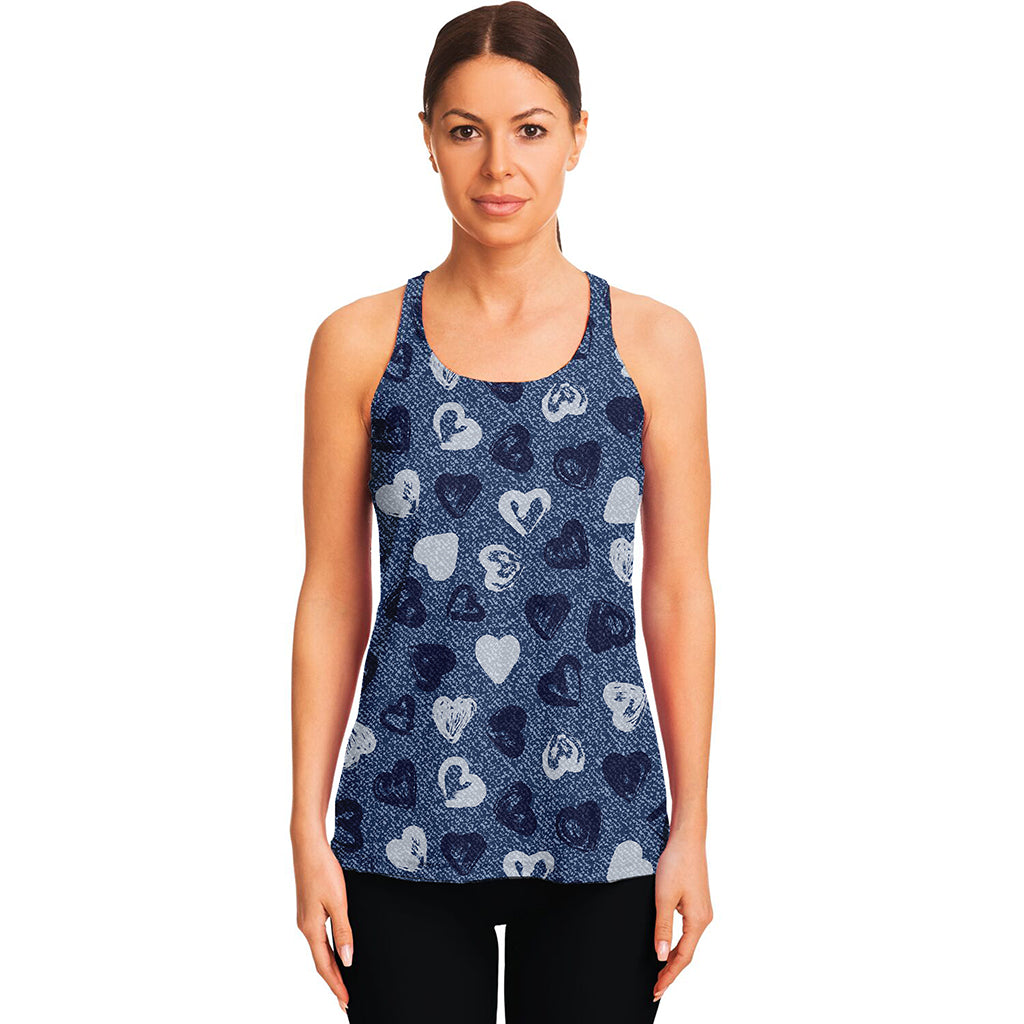 Heart Denim Jeans Pattern Print Women's Racerback Tank Top
