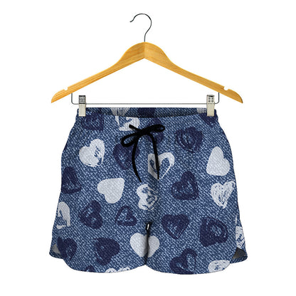 Heart Denim Jeans Pattern Print Women's Shorts