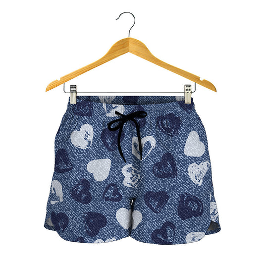 Heart Denim Jeans Pattern Print Women's Shorts